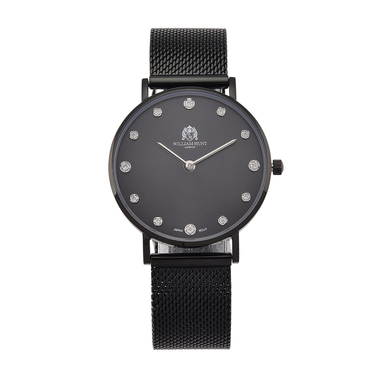 WILLIAM HUNT Limited Edition 5ATM Water Resistant Moissanite Watch - 36mm Dial With Milanese Strap - Black