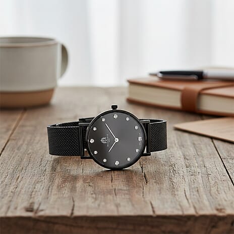 WILLIAM HUNT Limited Edition 5ATM Water Resistant Moissanite Watch - 36mm Dial With Milanese Strap - Black