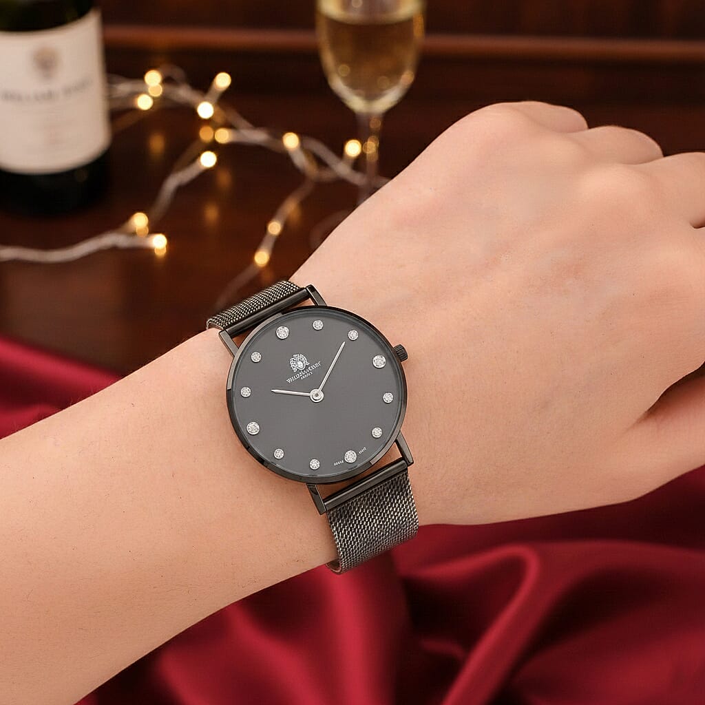 WILLIAM HUNT Limited Edition 5ATM Water Resistant Moissanite Watch - 36mm Dial With Milanese Strap - Black