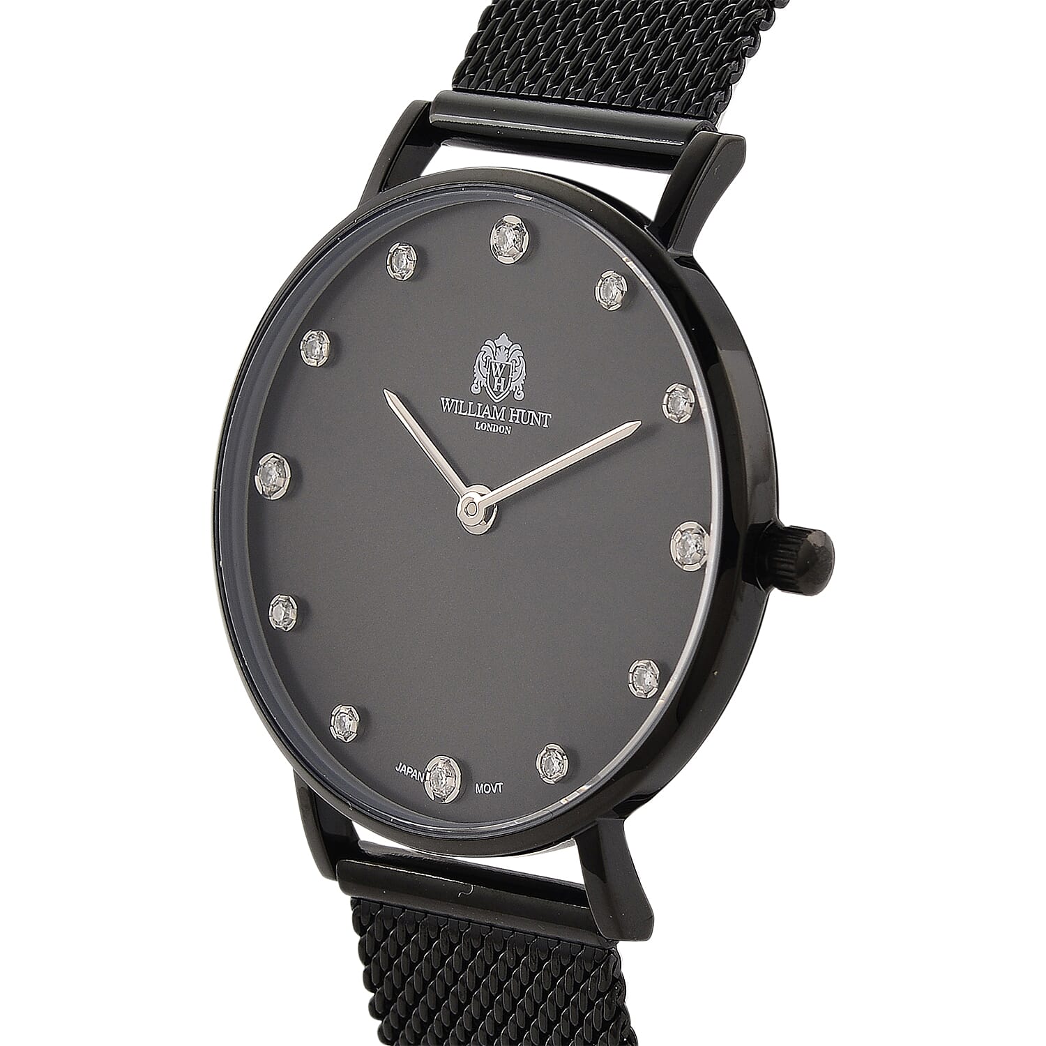 WILLIAM HUNT Limited Edition 5ATM Water Resistant Moissanite Watch - 36mm Dial With Milanese Strap - Black
