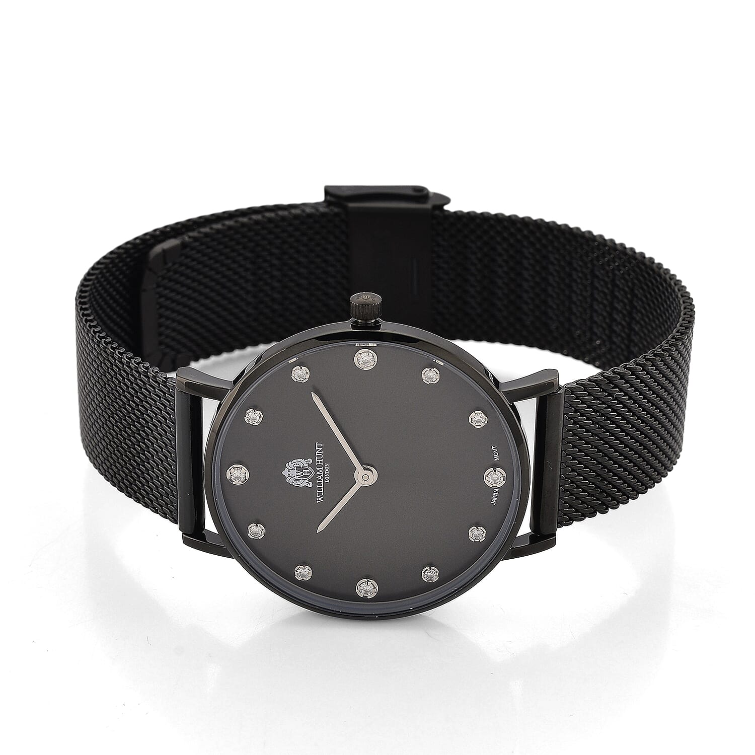 WILLIAM HUNT Limited Edition 5ATM Water Resistant Moissanite Watch - 36mm Dial With Milanese Strap - Black