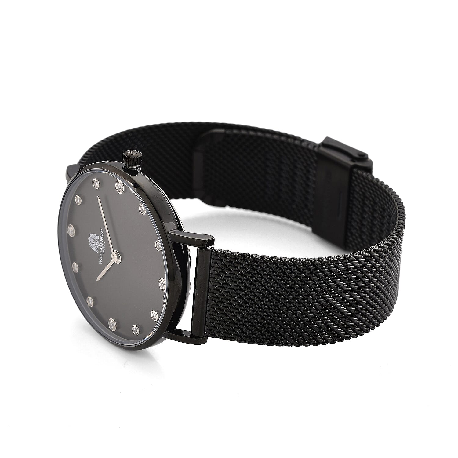 WILLIAM HUNT Limited Edition 5ATM Water Resistant Moissanite Watch - 36mm Dial With Milanese Strap - Black