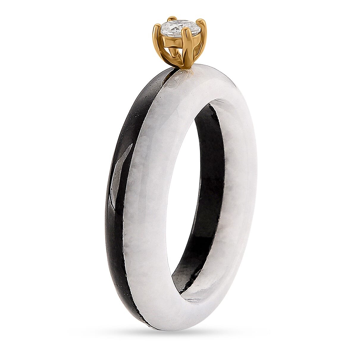Lab Grown Diamond SI-GH (0.50Ct)  & Boots Black & Natural White Jade Ring in 18K Vermeil Yellow Gold Plated Sterling Silver 13.50 Ct.