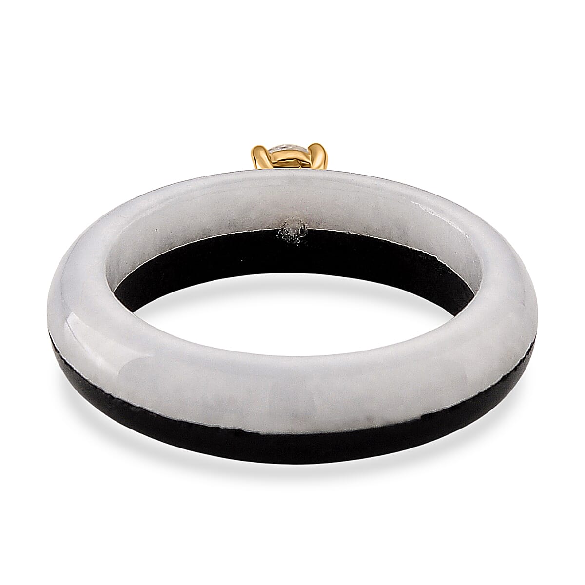 Lab Grown Diamond SI-GH (0.50Ct)  & Boots Black & Natural White Jade Ring in 18K Vermeil Yellow Gold Plated Sterling Silver 13.50 Ct.