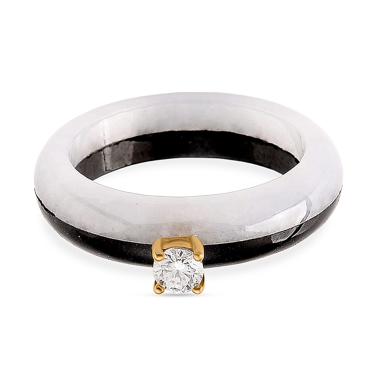 Lab Grown Diamond, Black & Natural White Jade Ring in 18K Vermeil Yellow Gold Plated Sterling Silver 13.50 Ct. (SI-GH)