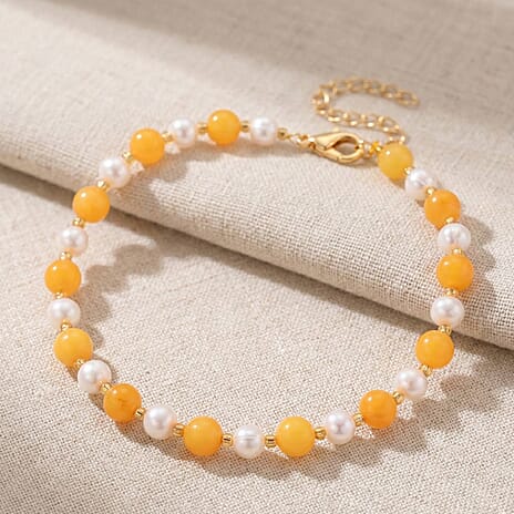 D'Joy Amber & White Fresh Water Pearl Beads Bracelet (Size - 7-2 EXT) in Yellow Gold Plated Sterling Silver 15.00 Ct.