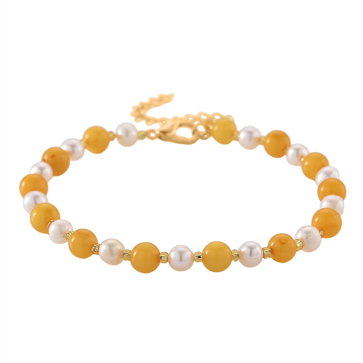 D'Joy Amber, White Fresh Water Pearl Beads Bracelet Sterling Silver  15.000  Ct.