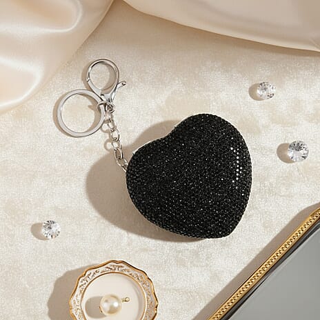 Heart Shape Elegant Sparkly Crystal Compact Mirror (7cm) - Black