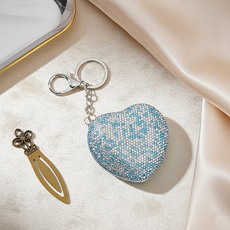 Heart Shape Elegant Sparkly Crystal Compact Mirror (7cm) - White & Blue