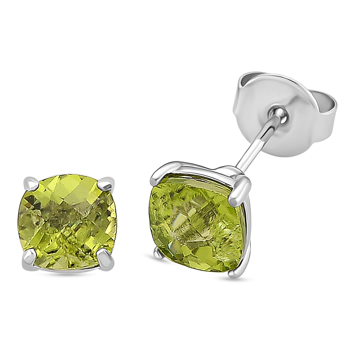 EverTrue Peridot Rhodium Overlay Solitaire Stud Earring with Push Back 2.28 Ct.