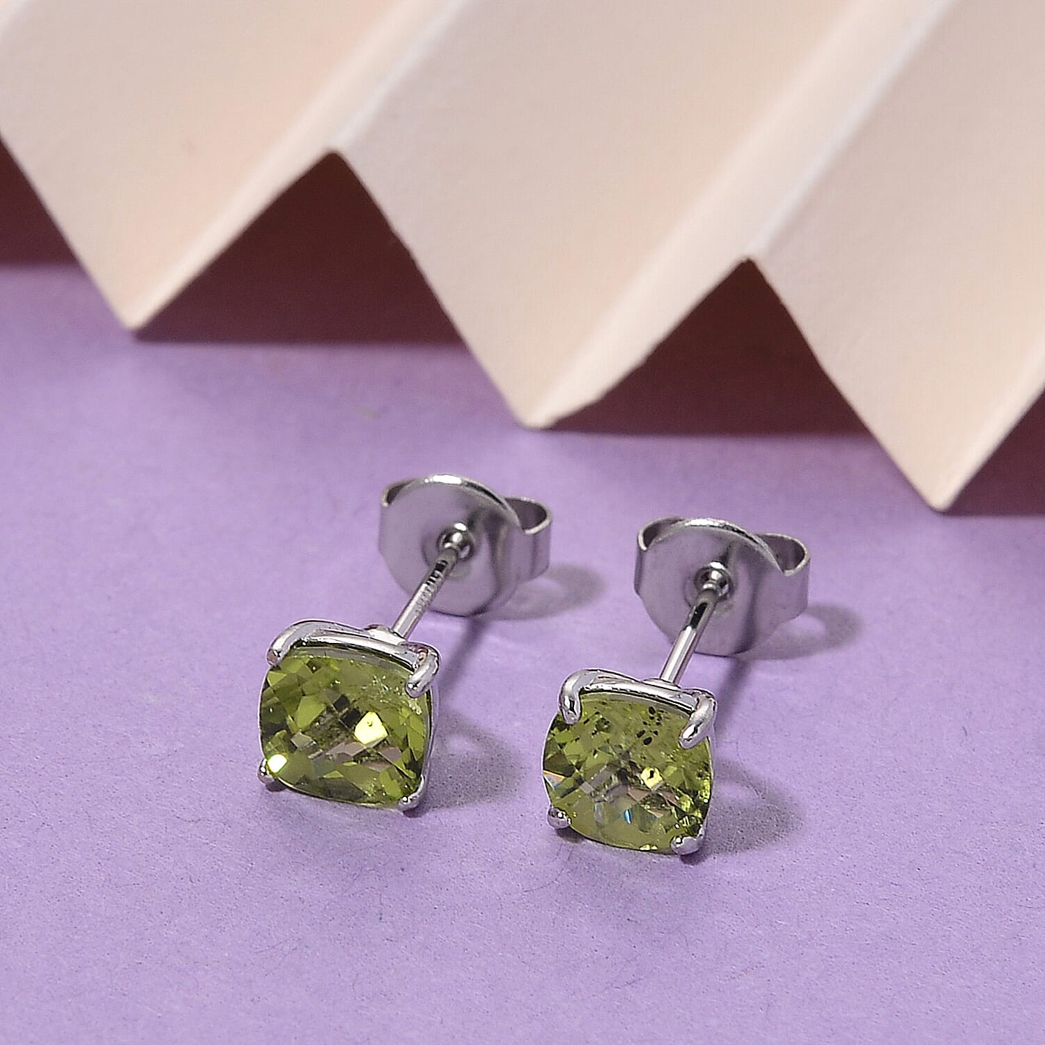 EverTrue Peridot Rhodium Overlay Solitaire Stud Earring with Push Back 2.28 Ct.