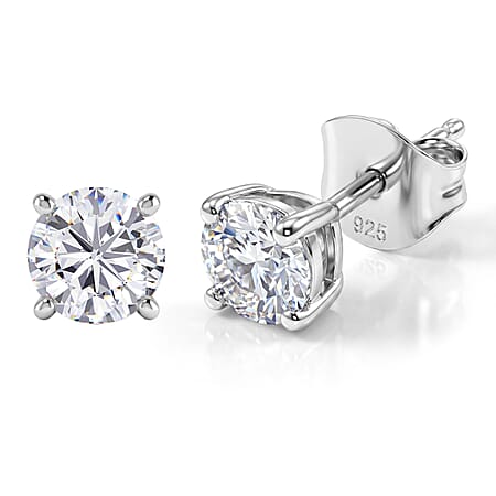 Moissanite Solitaire Stud Earring with Push Back in Platinum Overlay Sterling Silver 0.90 Ct.