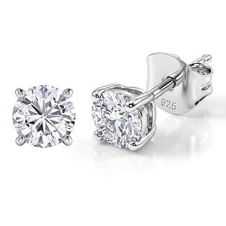 Moissanite Solitaire Stud Earring with Push Back in Platinum Overlay Sterling Silver 0.90 Ct.