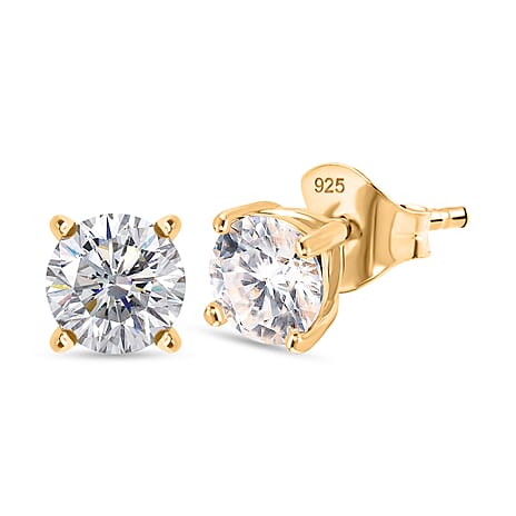 Moissanite Solitaire Stud Earring with Screw Back in 18K Vermeil Yellow Gold Plated Sterling Silver