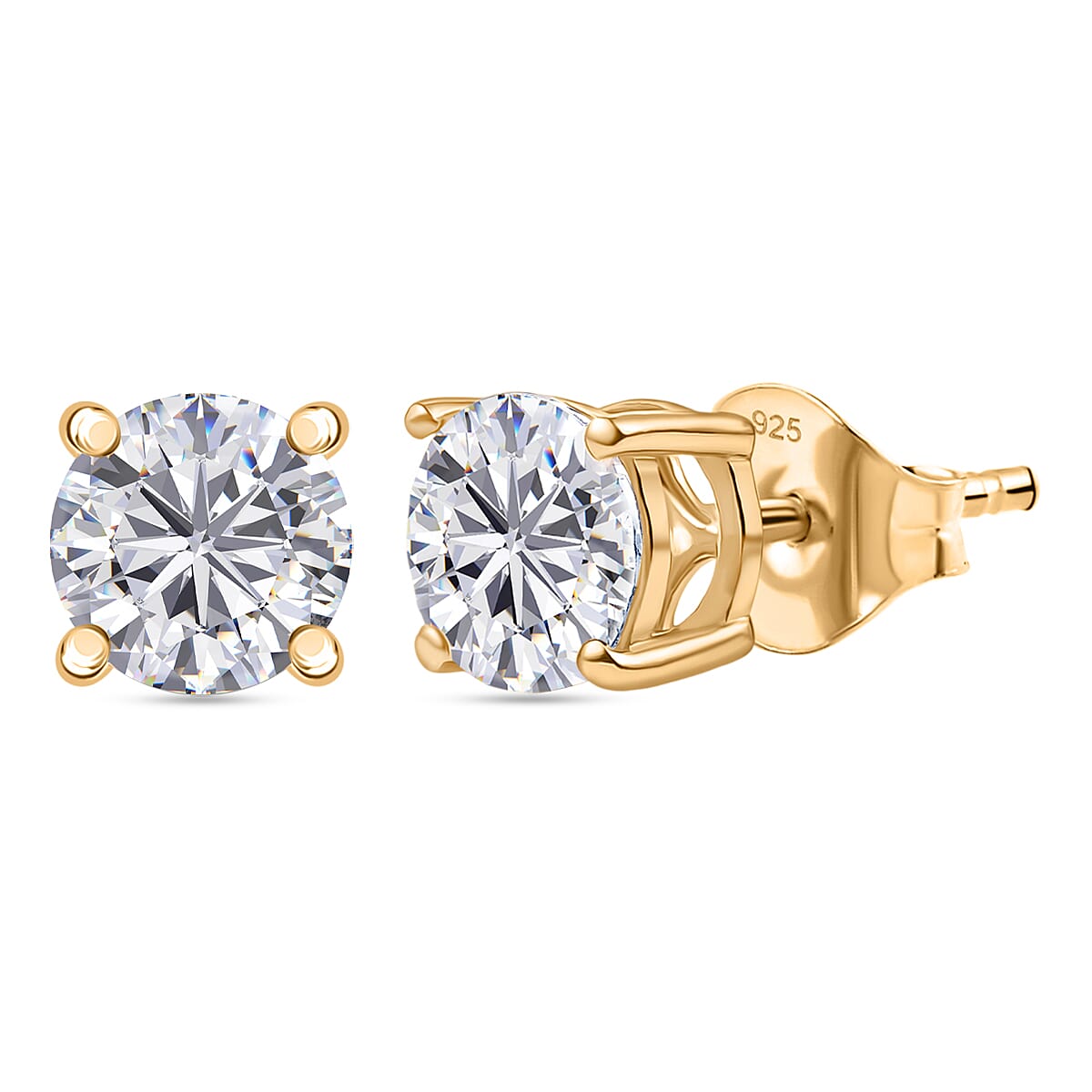 Moissanite Solitaire Stud Push Post Earring in 18K Yellow Gold Plated Sterling Silver 1.51 Ct.
