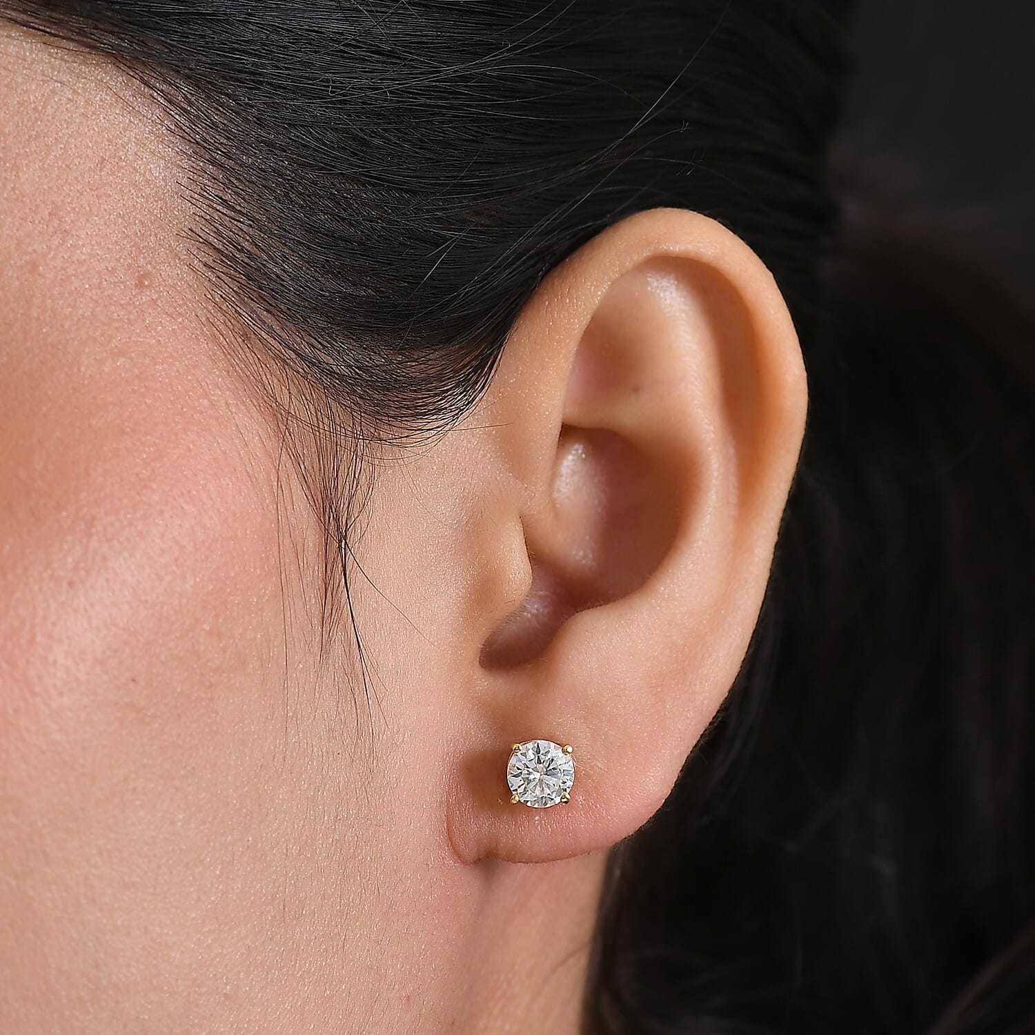 Moissanite Solitaire Stud Push Post Earring in 18K Yellow Gold Plated Sterling Silver 1.51 Ct.