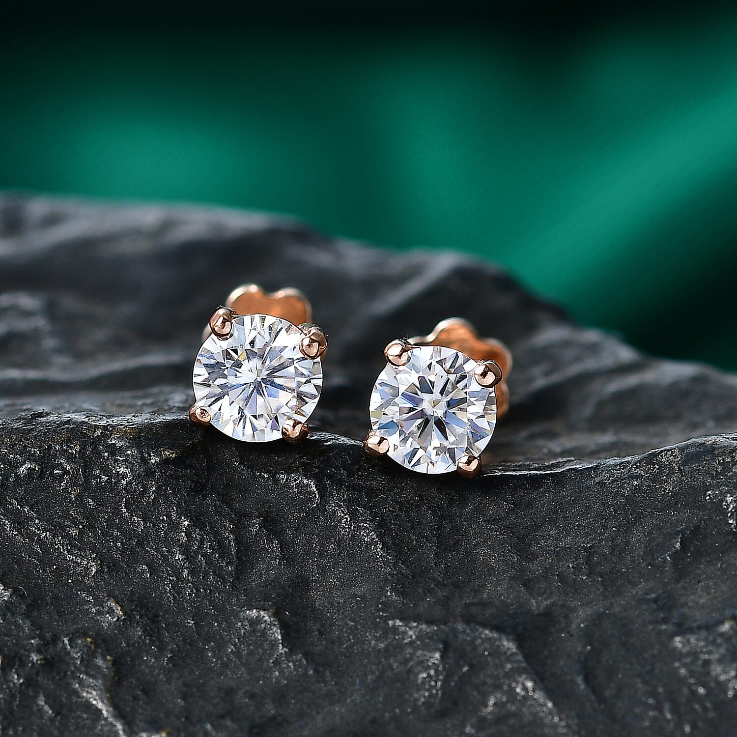 Royal Bali Collection - Moissanite Solitaire Stud Earring with Screw Back in Rose Gold Plated Sterling Silver 0.92 Ct