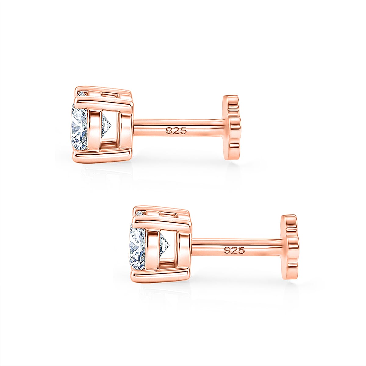 Royal Bali Collection - Moissanite Solitaire Stud Earring with Screw Back in Rose Gold Plated Sterling Silver 0.92 Ct