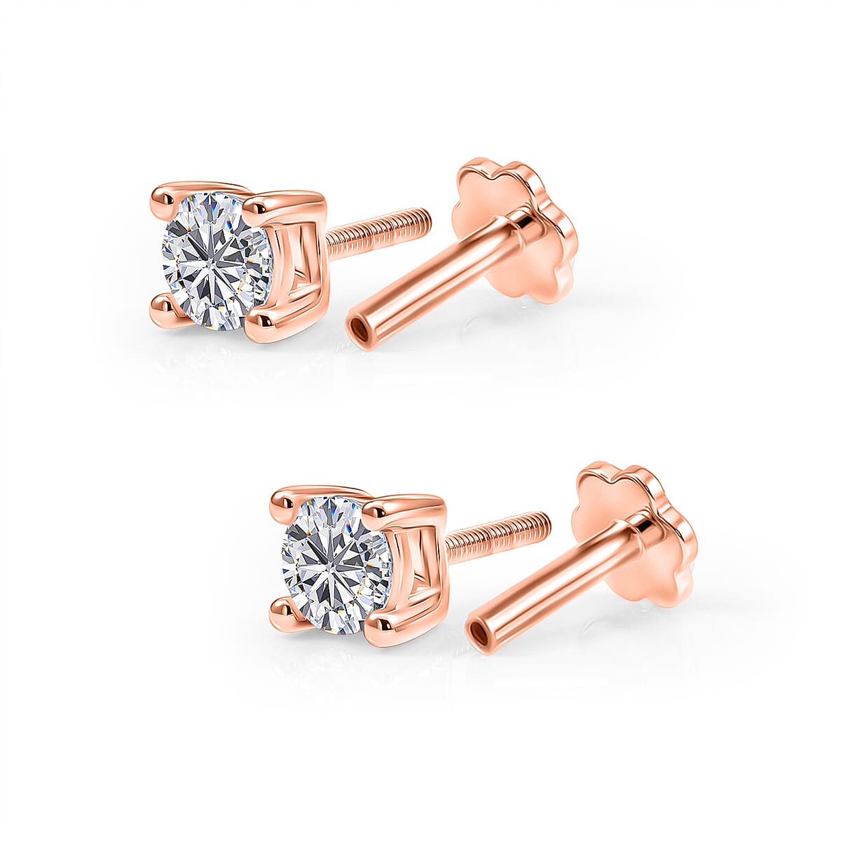 Royal Bali Collection - Moissanite Solitaire Stud Earring with Screw Back in Rose Gold Plated Sterling Silver 0.92 Ct