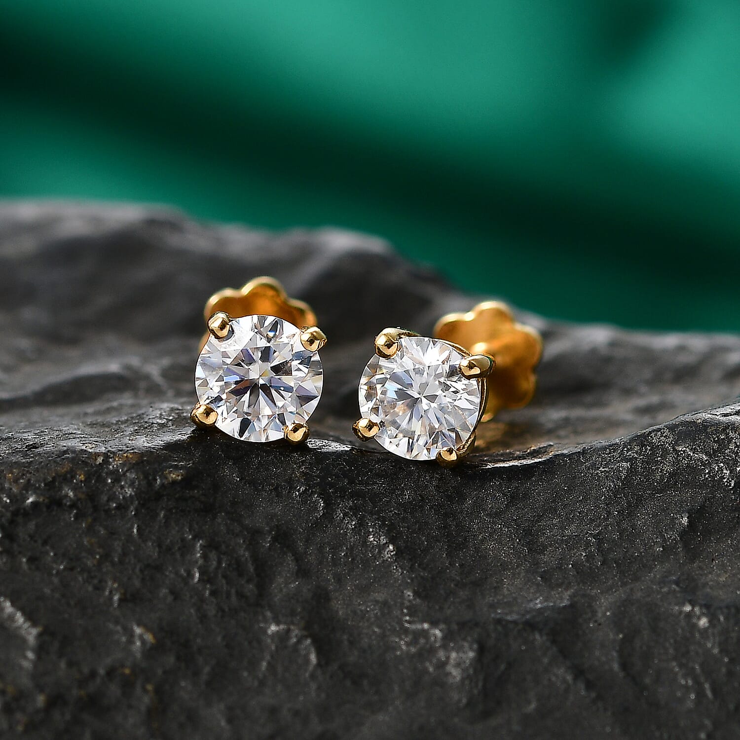 Royal Bali Collection - Moissanite Solitaire Stud Earring with Screw Back in Yellow Gold Plated Sterling Silver