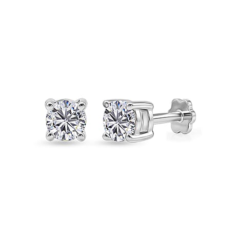Royal Bali Collection - Moissanite Solitaire Stud Earring with Screw Back in Platinum Overlay Sterling Silver