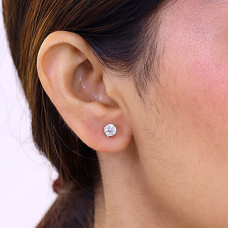 Royal Bali Collection - Moissanite Solitaire Stud Earring with Screw Back in Platinum Overlay Sterling Silver