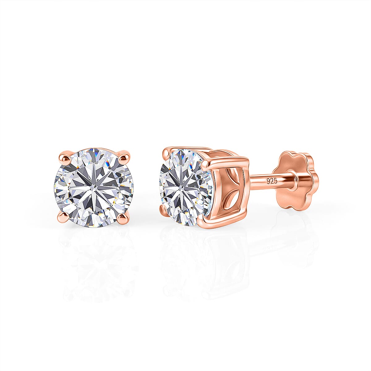 Royal Bali Collection - Moissanite Solitaire Stud Earring with Screw Back in Rose Gold Plated Sterling Silver 1.54 Ct.
