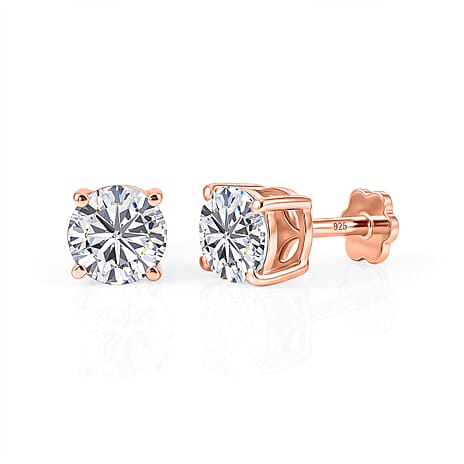 Royal Bali Collection - Moissanite Solitaire Stud Earring with Screw Back in Rose Gold Plated Sterling Silver 1.54 Ct.