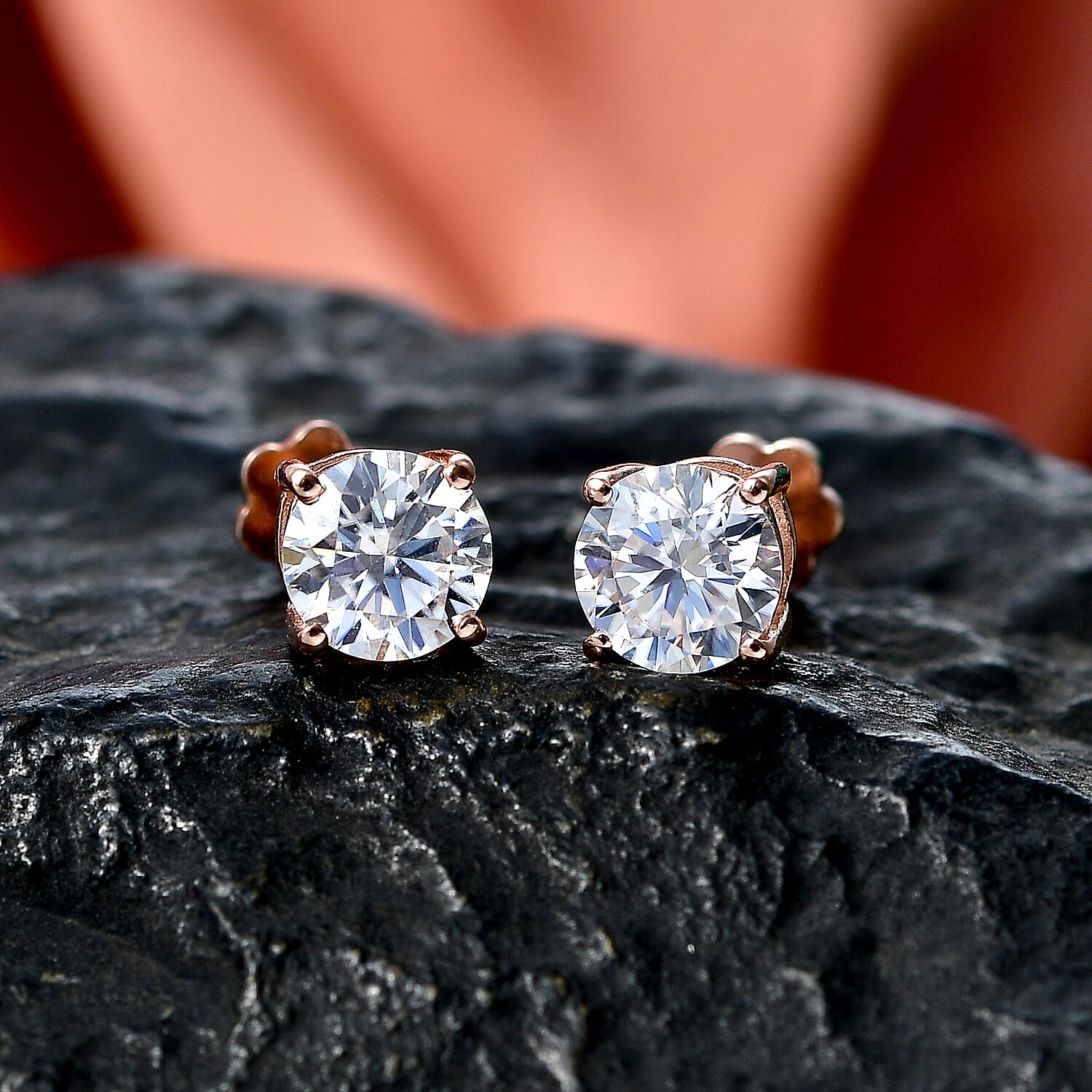 Royal Bali Collection - Moissanite Solitaire Stud Earring with Screw Back in Rose Gold Plated Sterling Silver 1.54 Ct.