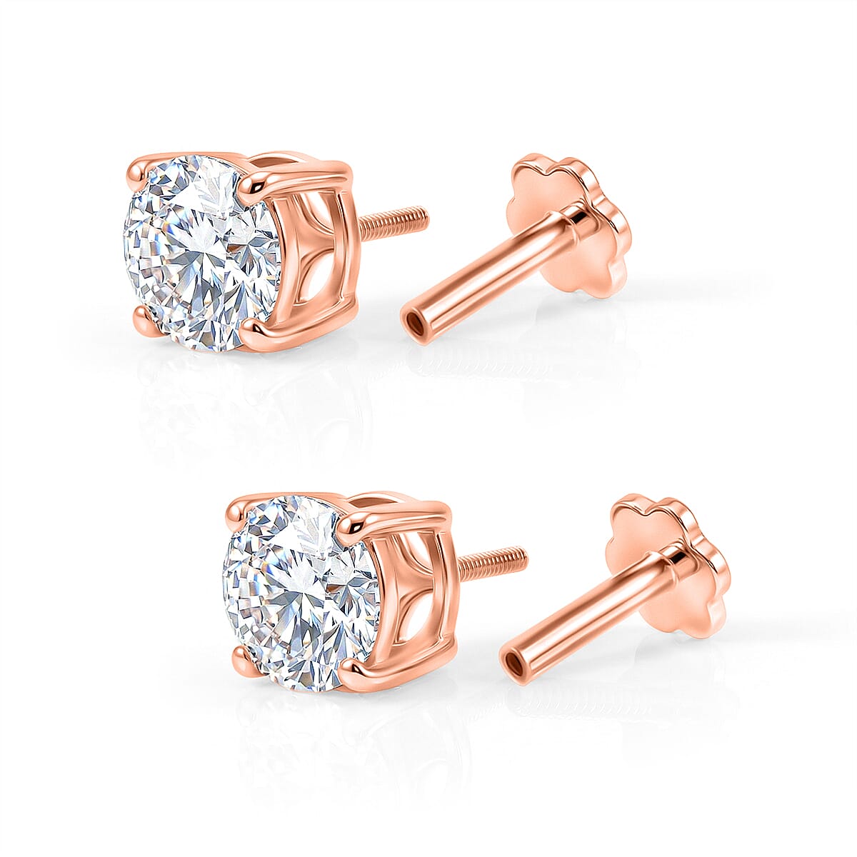Royal Bali Collection - Moissanite Solitaire Stud Earring with Screw Back in Rose Gold Plated Sterling Silver 1.54 Ct.