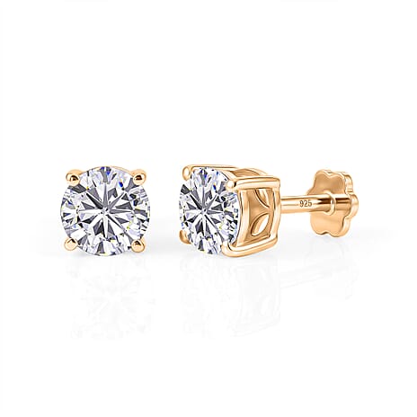 Royal Bali Collection - Moissanite Solitaire Stud Earring with Screw Back in Yellow Gold Plated Sterling Silver 1.54 Ct.