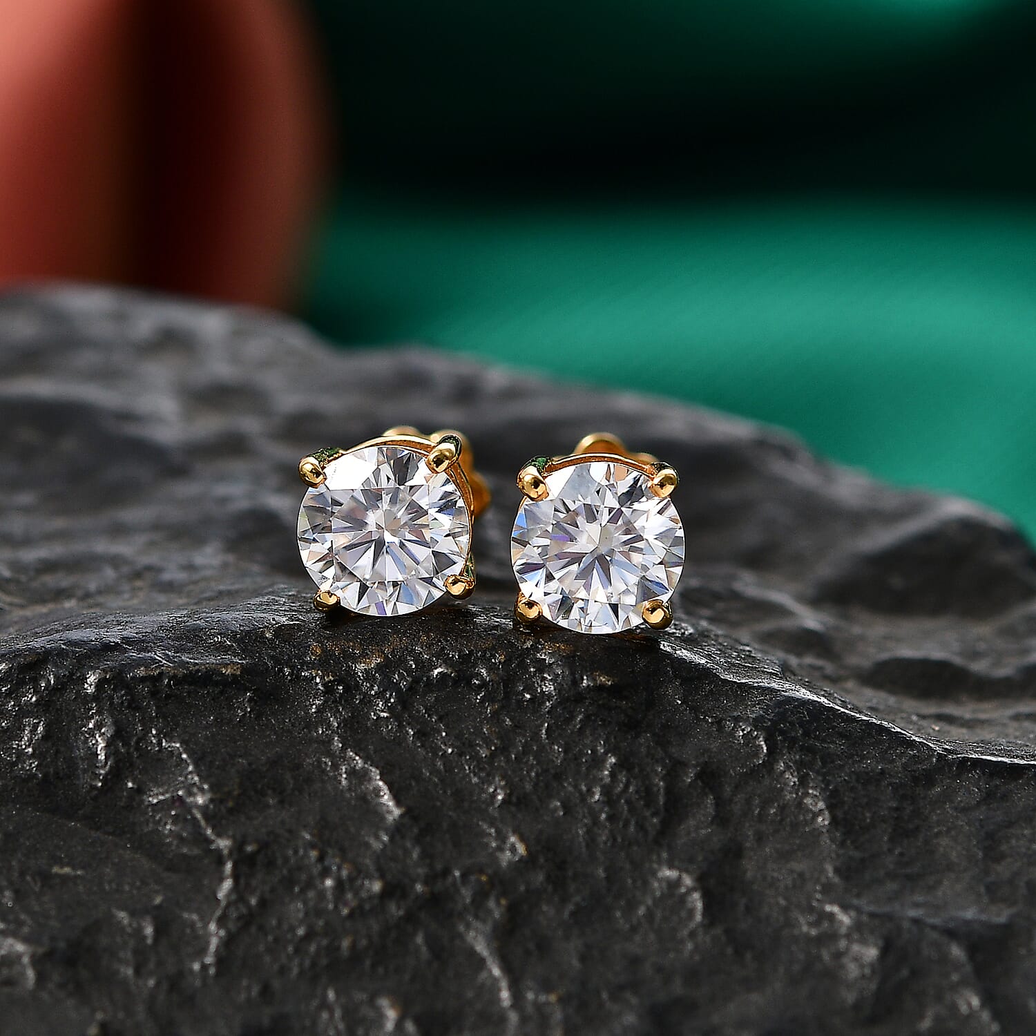 Royal Bali Collection - Moissanite Solitaire Stud Earring with Screw Back in Yellow Gold Plated Sterling Silver 1.54 Ct.
