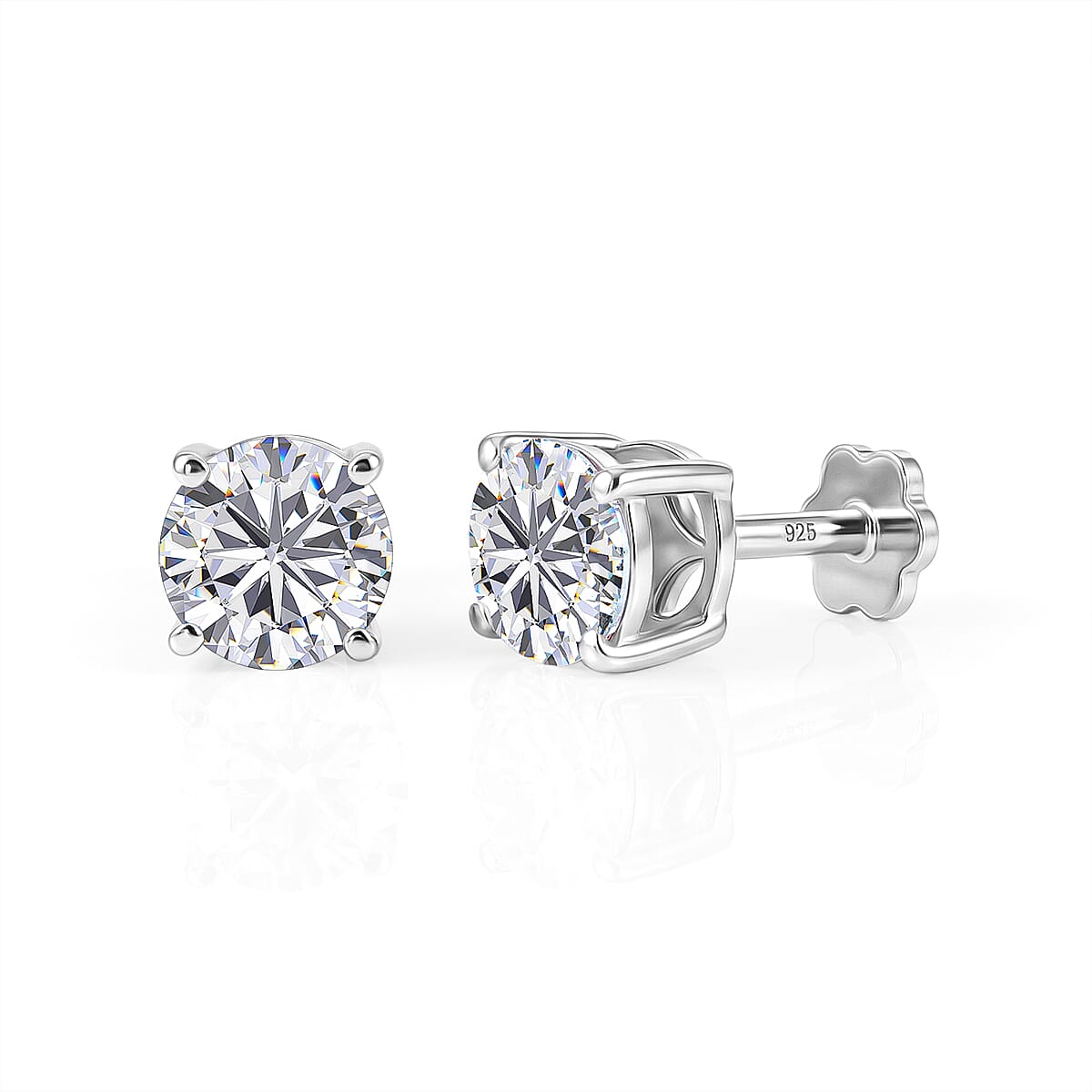 Royal Bali Collection - Moissanite Solitaire Stud Earring with Screw Back in Platinum Overlay Sterling Silver 1.54 Ct.