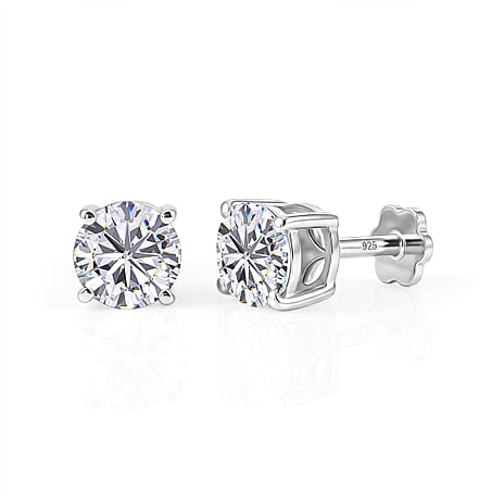 Royal Bali Collection - Moissanite Solitaire Stud Earring with Screw Back in Platinum Overlay Sterling Silver 1.54 Ct.