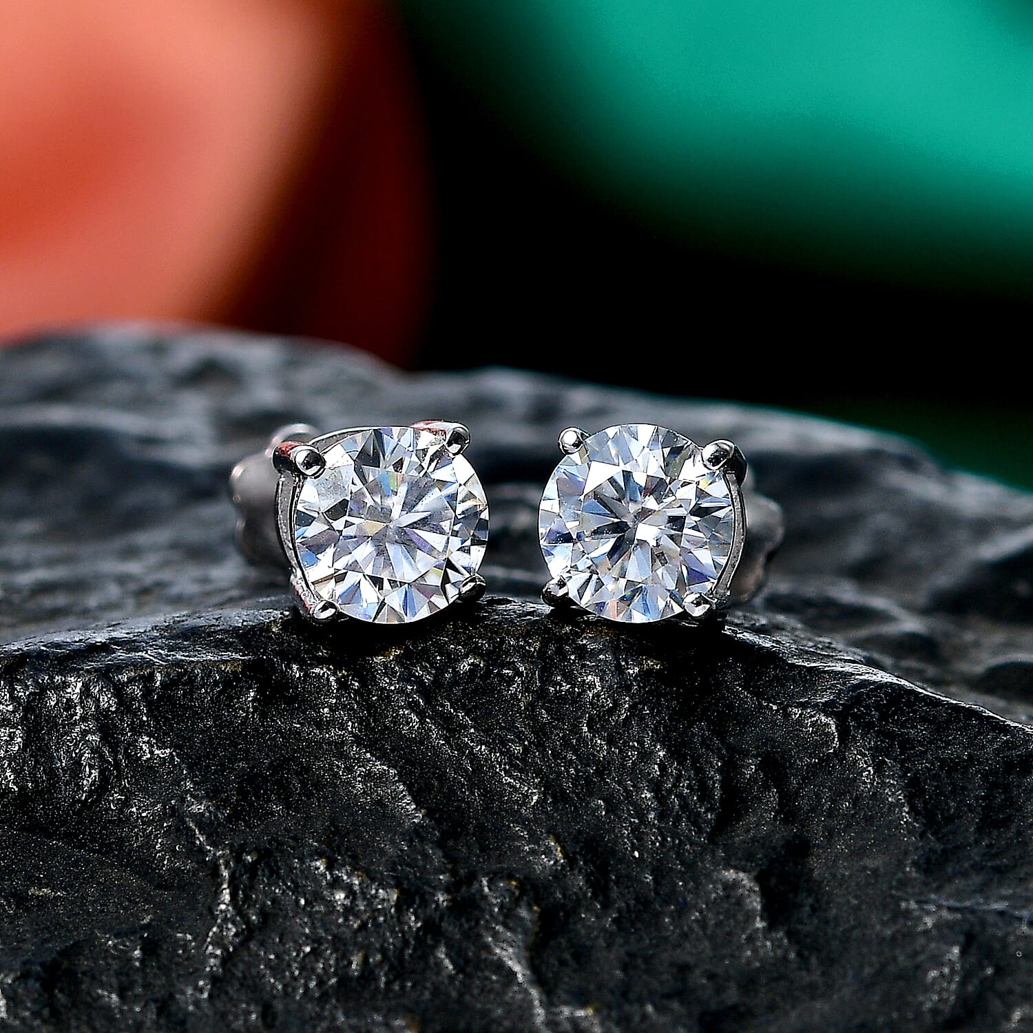 Royal Bali Collection - Moissanite Solitaire Stud Earring with Screw Back in Platinum Overlay Sterling Silver 1.54 Ct.