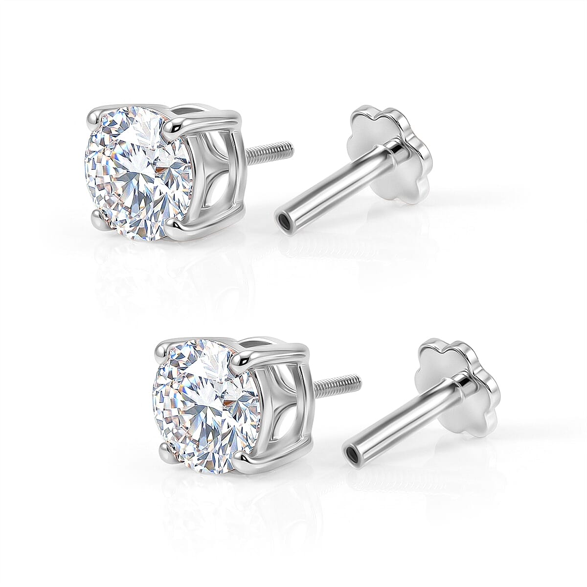 Royal Bali Collection - Moissanite Solitaire Stud Earring with Screw Back in Platinum Overlay Sterling Silver 1.54 Ct.
