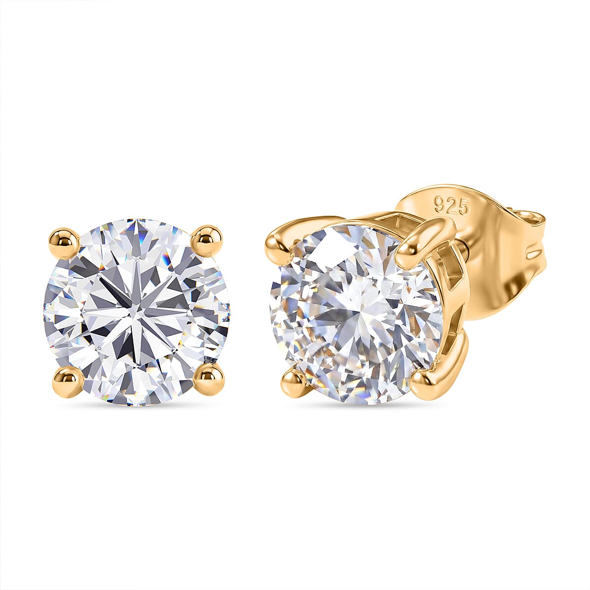 Royal Bali Collection - Moissanite Solitaire Stud Earring with Push Back in Yellow Gold Plated Sterling Silver 2.41 Ct.