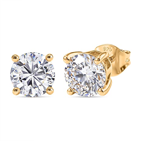 Royal Bali Collection - Moissanite Solitaire Stud Earring with Push Back in Yellow Gold Plated Sterling Silver 2.41 Ct.