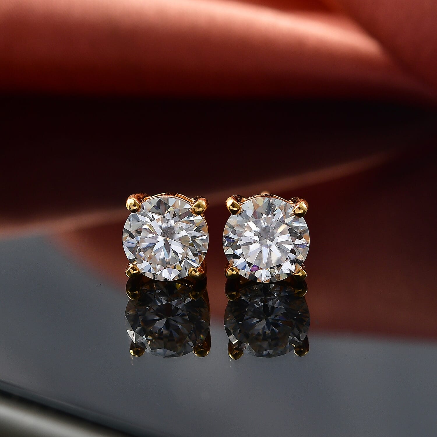 Royal Bali Collection - Moissanite Solitaire Stud Earring with Push Back in Yellow Gold Plated Sterling Silver 2.41 Ct.