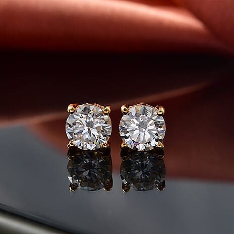 Royal Bali Collection - D'Joy Moissanite Solitaire Stud Earring with Push Back in Yellow Gold Plated Sterling Silver 2.41 Ct.
