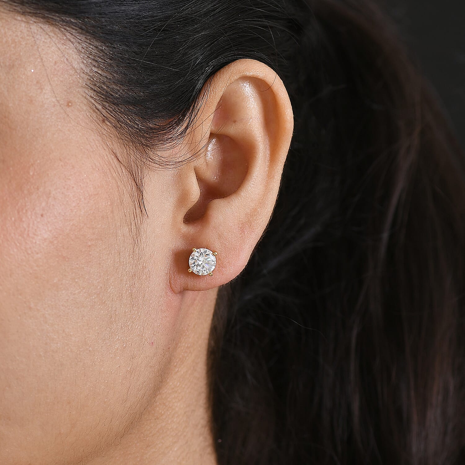 Royal Bali Collection - Moissanite Solitaire Stud Earring with Push Back in Yellow Gold Plated Sterling Silver 2.41 Ct.