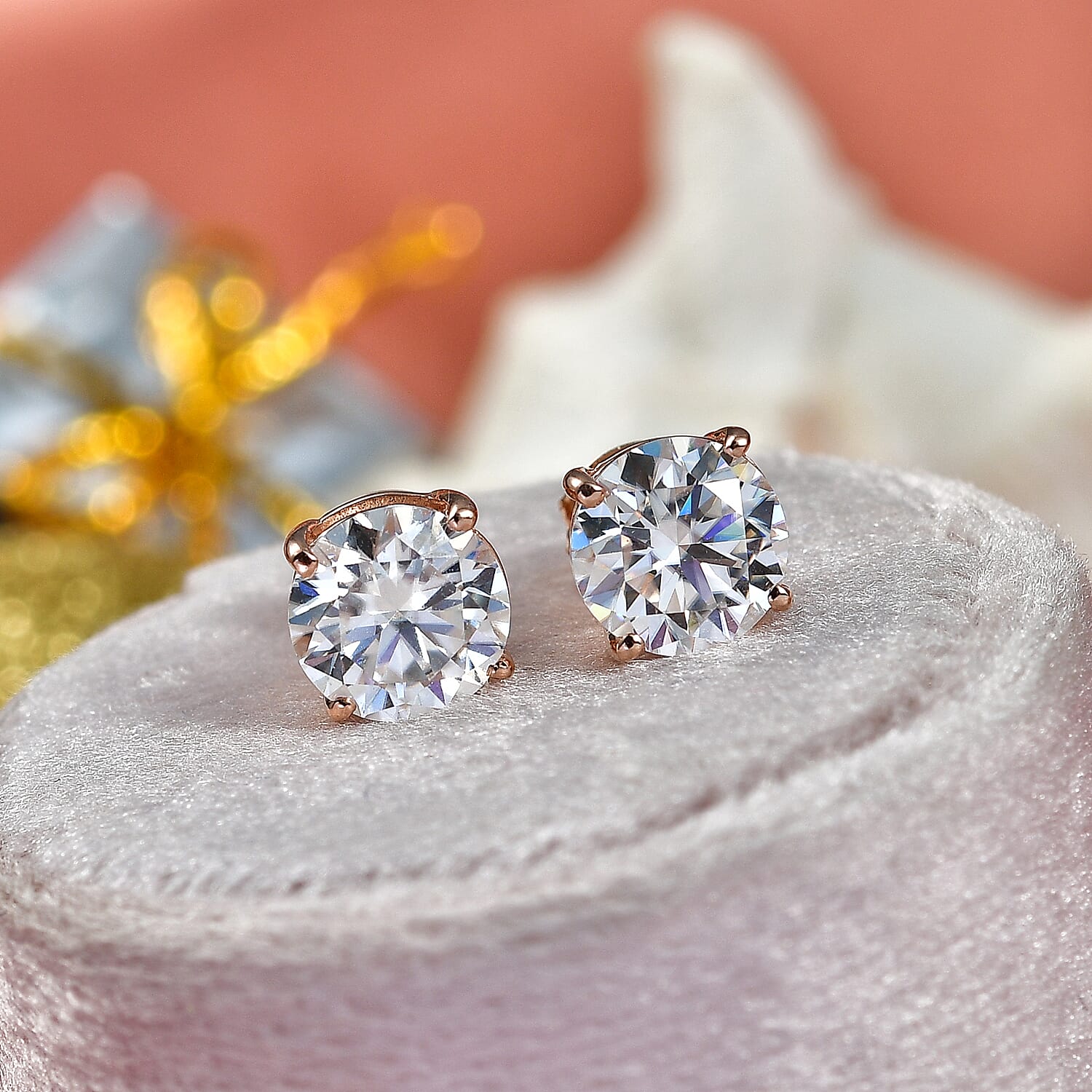 D'Joy Moissanite Solitaire Stud Push Post Earring in Rose Gold Plated Sterling Silver 3.70 Ct.