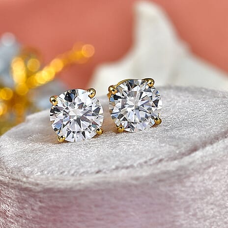 D'Joy Moissanite Solitaire Stud Earring with Push Back in Yellow Gold Plated Sterling Silver 3.70 Ct.