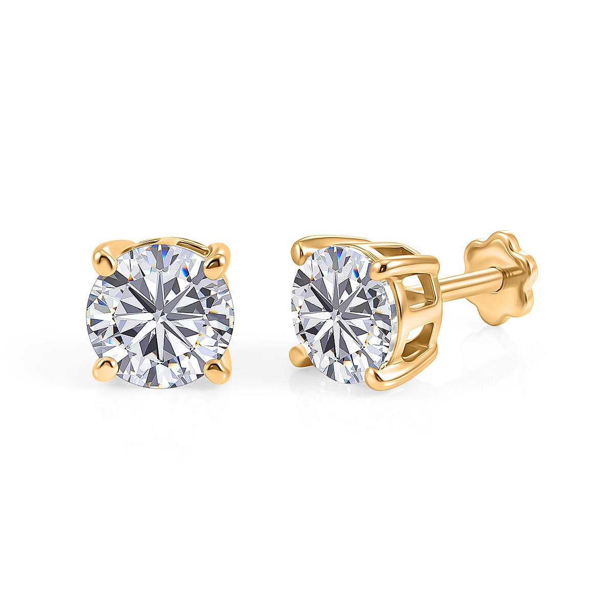 Royal Bali Collection - Moissanite Solitaire Stud Earring with Screw Back in Yellow Gold Plated Sterling Silver 2.40 Ct.