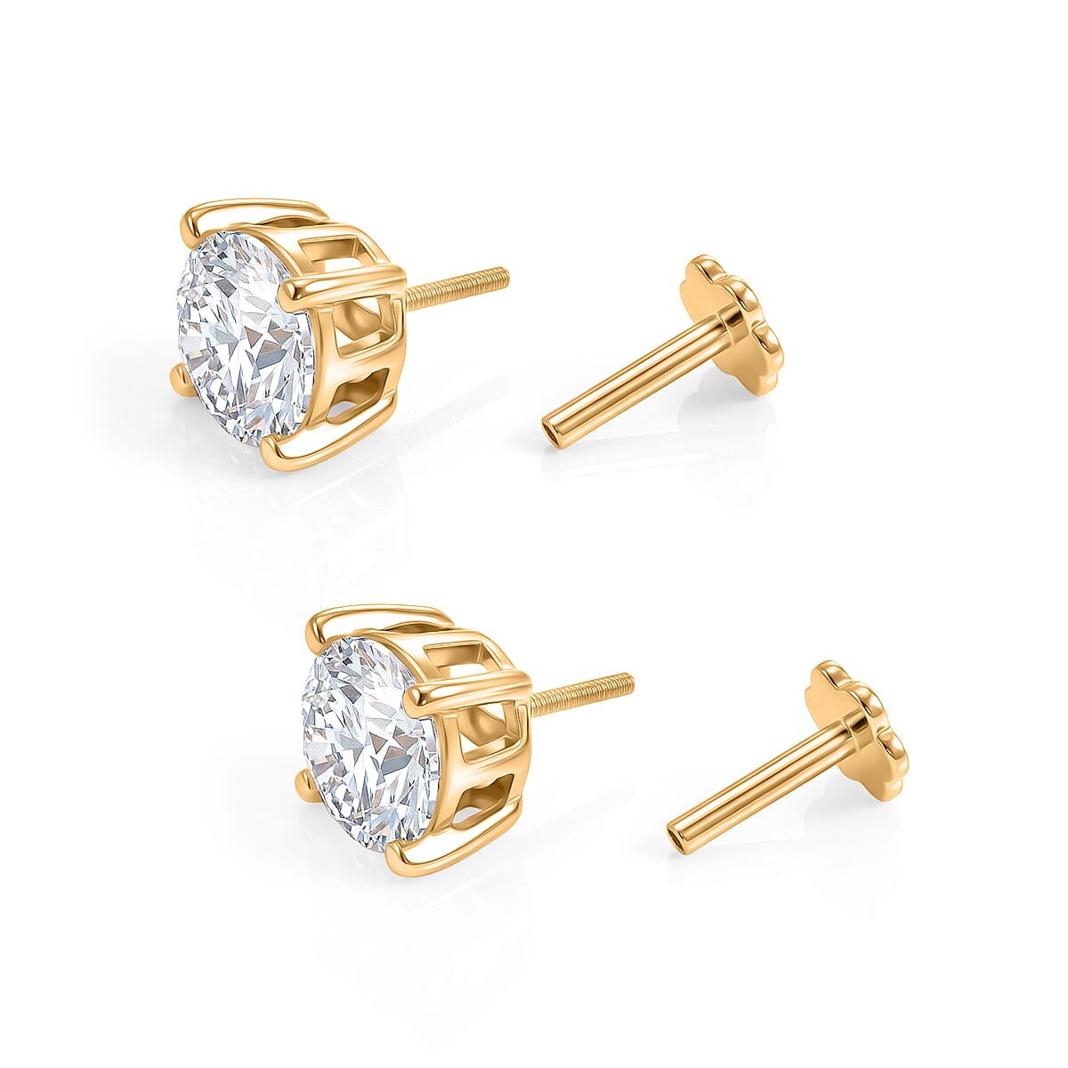 Royal Bali Collection - Moissanite Solitaire Stud Earring with Screw Back in Yellow Gold Plated Sterling Silver 2.40 Ct.