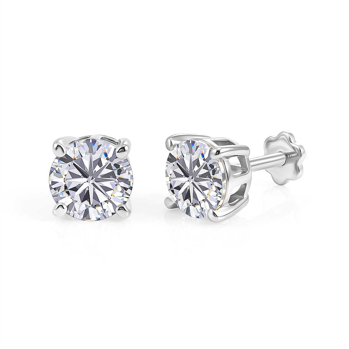 Royal Bali Collection - Moissanite Solitaire Stud Earring with Screw Back in Platinum Overlay Sterling Silver 2.40 Ct.
