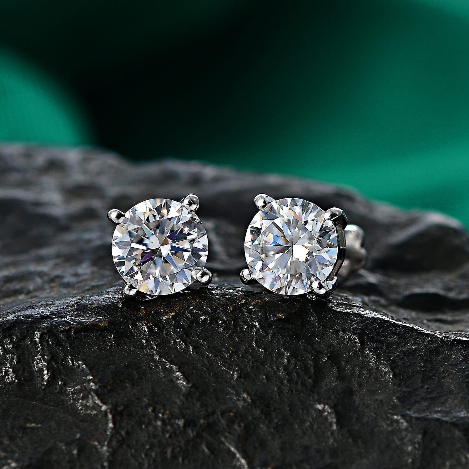 Royal Bali Collection - Moissanite Solitaire Stud Earring with Screw Back in Platinum Overlay Sterling Silver 2.40 Ct.