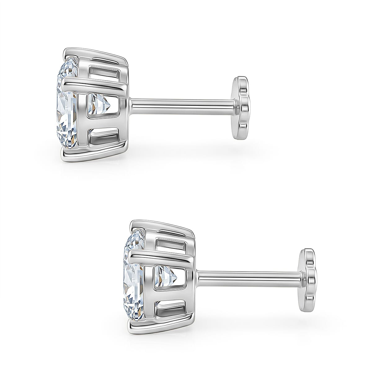Royal Bali Collection - Moissanite Solitaire Stud Earring with Screw Back in Platinum Overlay Sterling Silver 2.40 Ct.