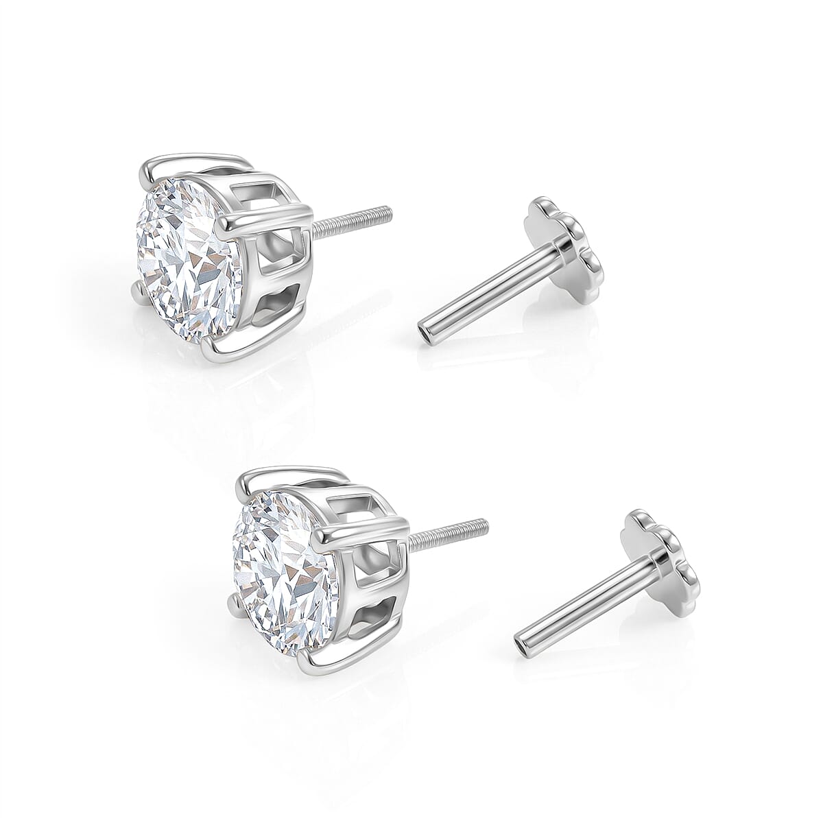 Royal Bali Collection - Moissanite Solitaire Stud Earring with Screw Back in Platinum Overlay Sterling Silver 2.40 Ct.