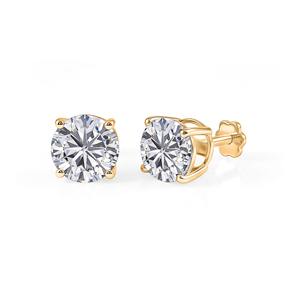 D'Joy - Moissanite Solitaire Stud Earring with Screw Back in Yellow Gold Plated Sterling Silver 3.60 Ct.